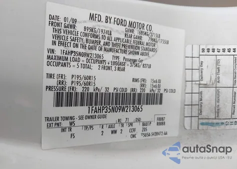 2009 Ford Focus Se z USA, uszkodzony, nr VIN 1FAHP35N09W213065